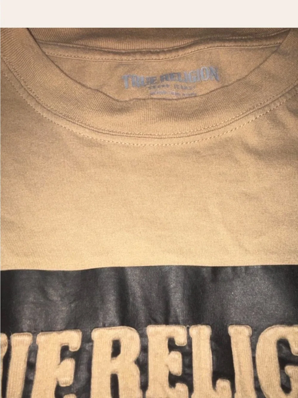 True Religion Beige Tee with Black Logo Banner